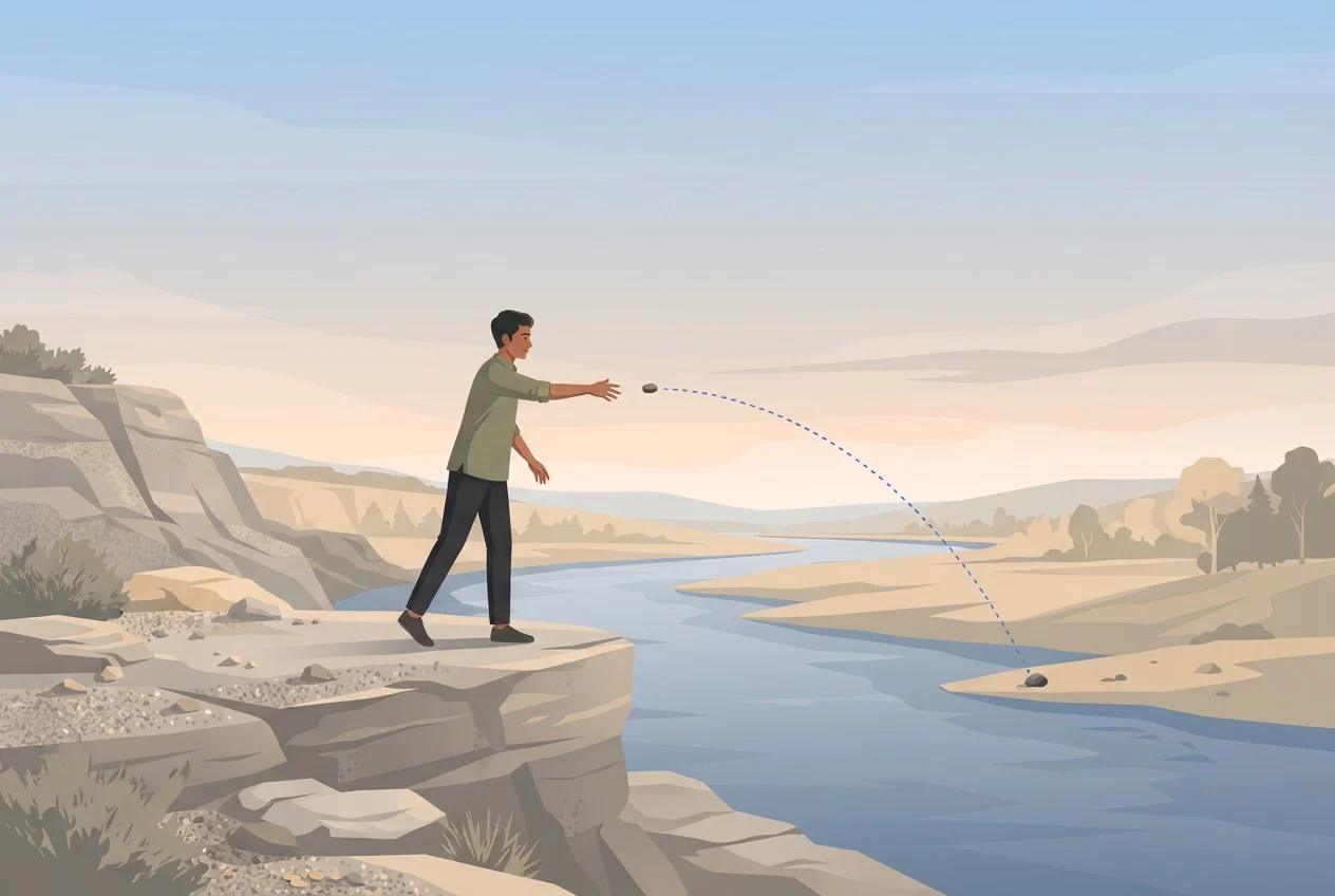 A young man on a low cliff throws a stone toward the far bank of a river below, with a dotted arc tracing its path.