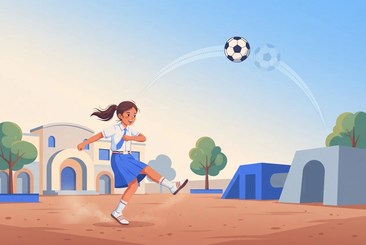 A schoolgirl on a playground has kicked a football, which is at the top of its curved flight path.