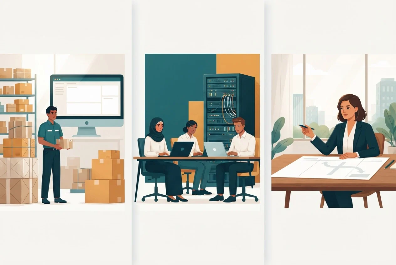 Three workplaces side by side: an operations floor, an engineering desk and a leader reviewing a roadmap.