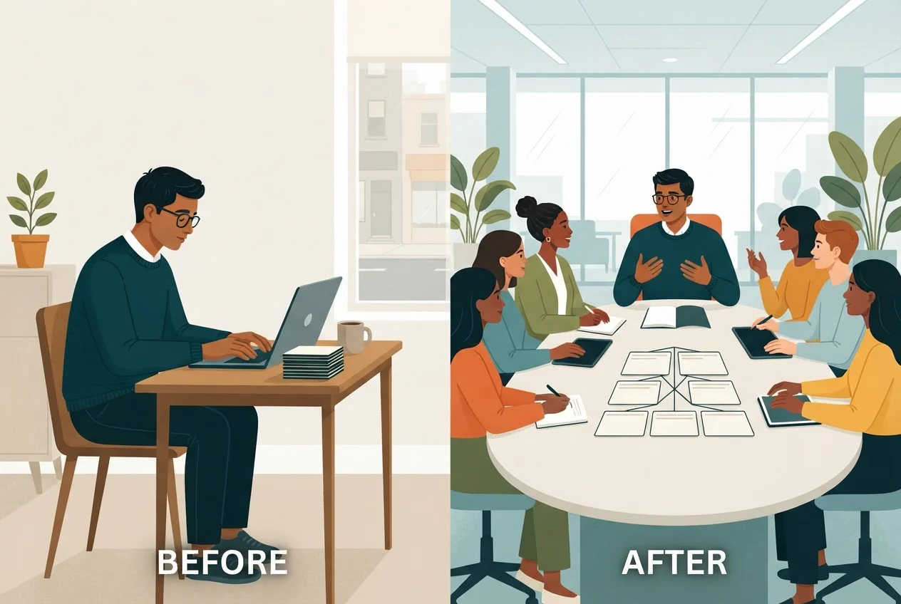 The same man shown first working alone on tasks, then leading three teams around one table.