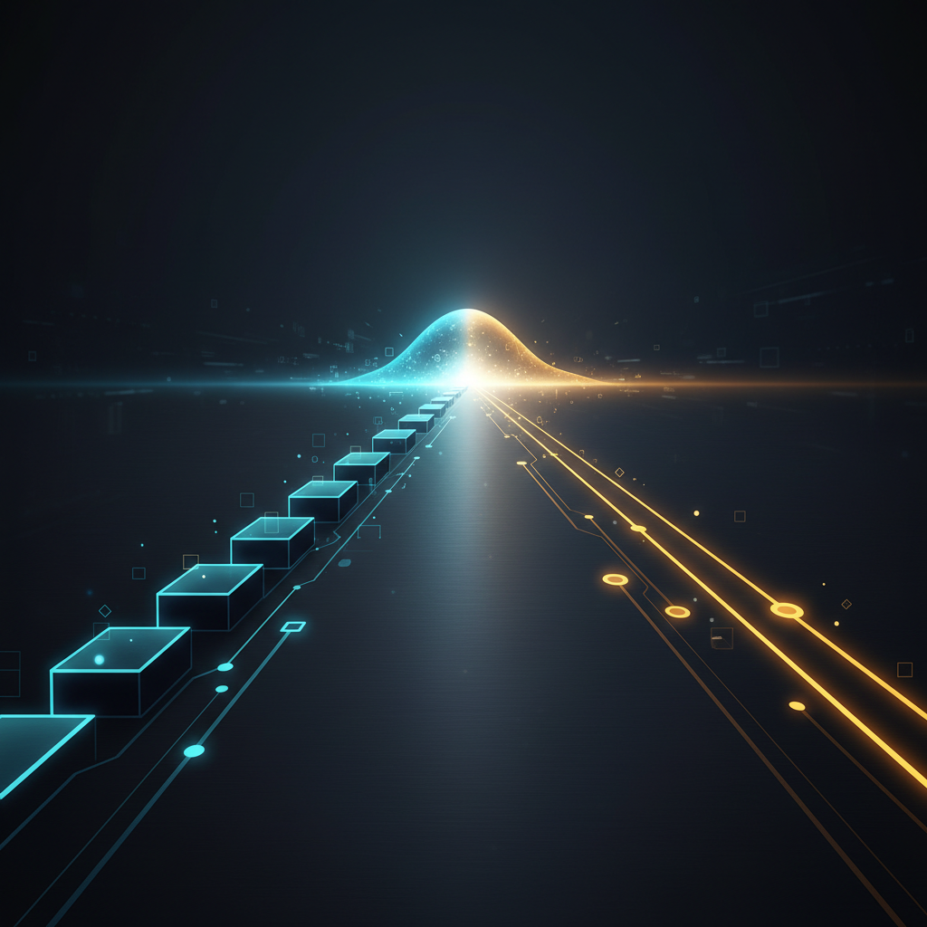 A conceptual composition showing two different structured paths aligning toward a single goal.