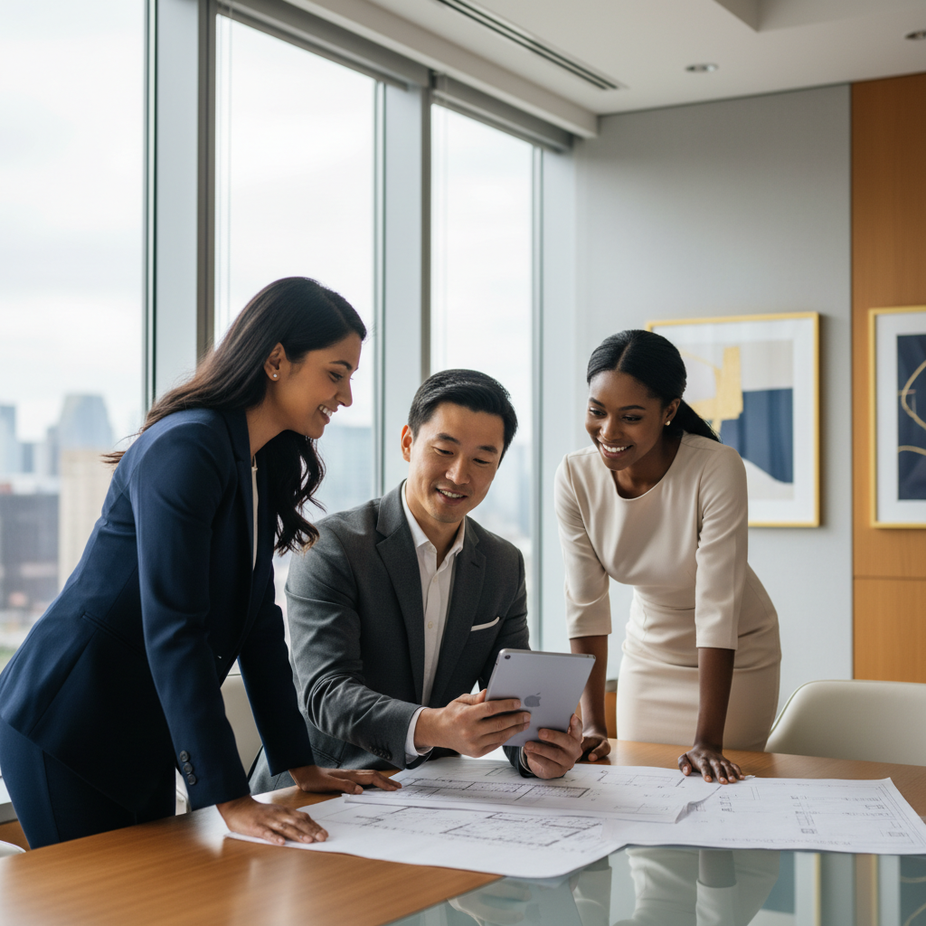 Three corporate professionals collaborating around a sleek conference table, looking focused and confident.