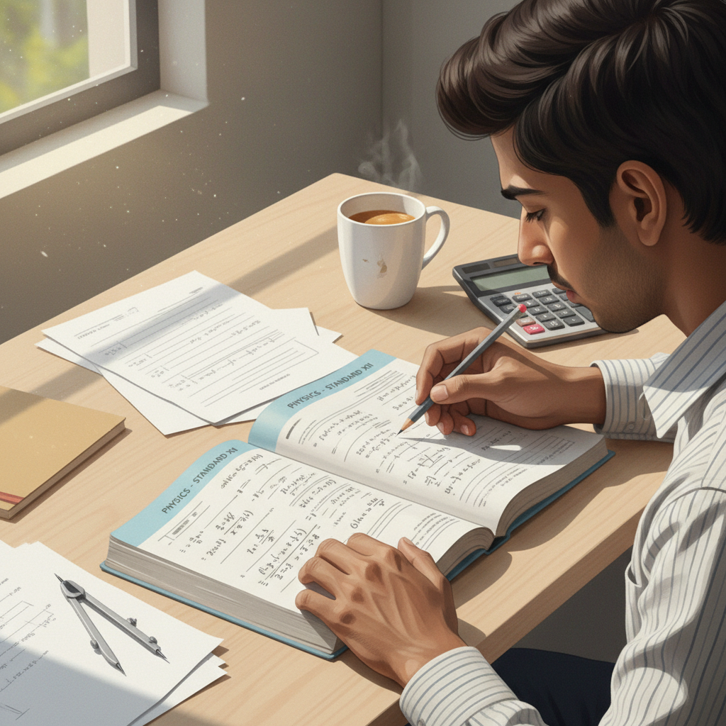 Student checking HSC Physics derivation steps against a textbook