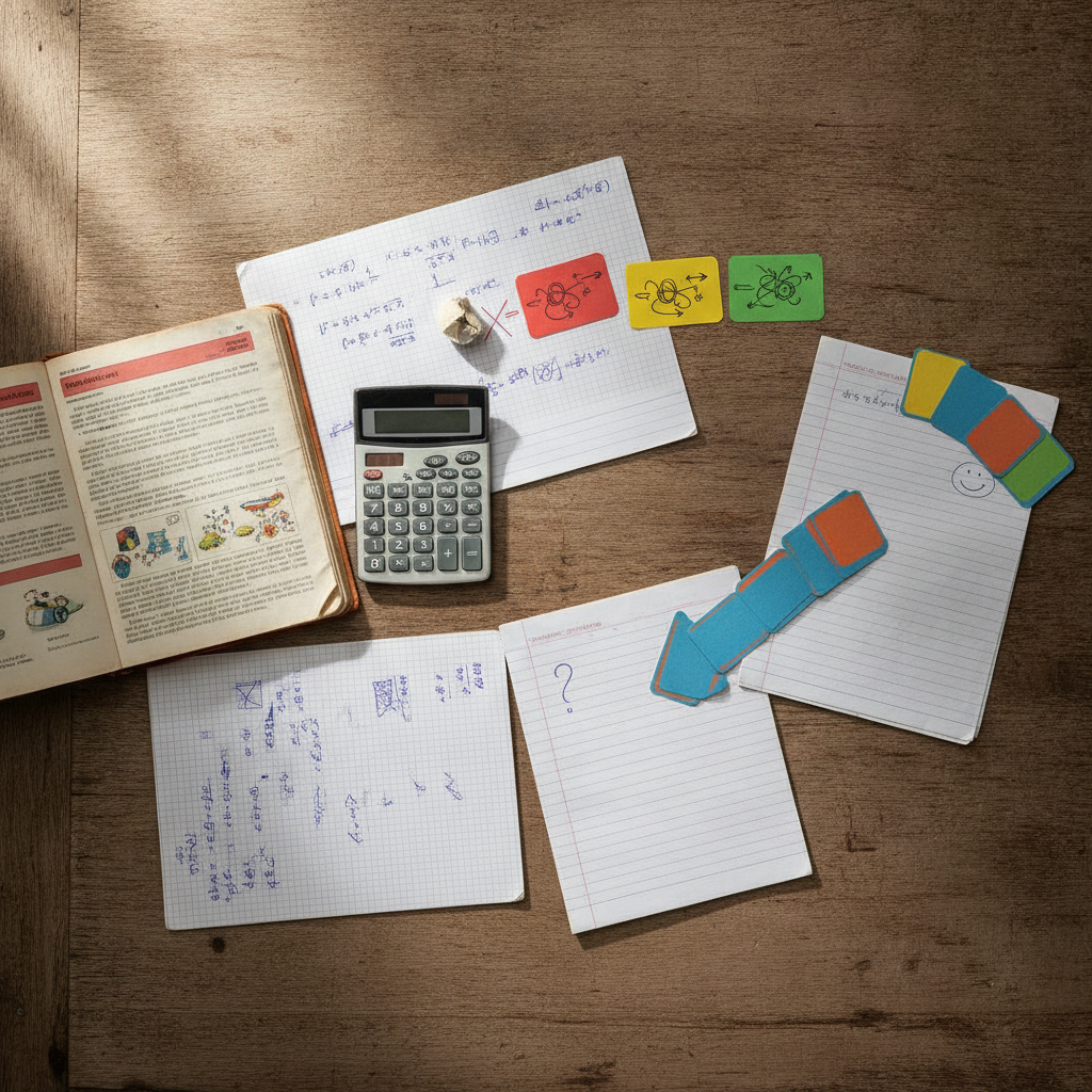 Board-focused Physics study decision tree on a desk