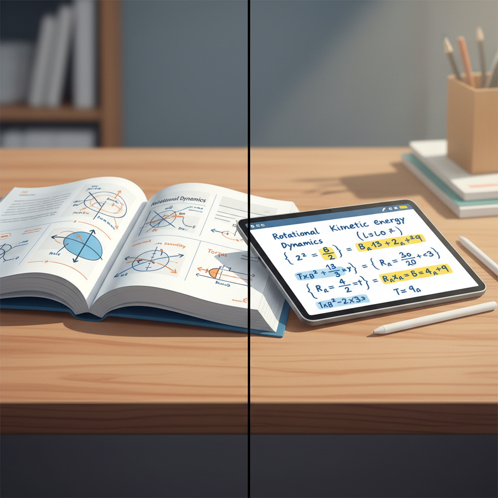 A split-screen comparison of a structured Physics textbook and a digital tablet showing a step-by-step derivation.