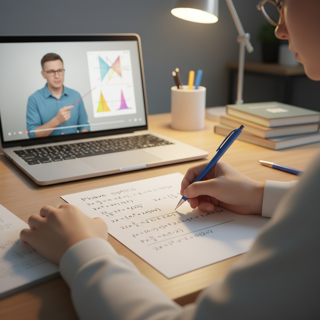 A student's hands solving a complex Physics numerical on paper, with a laptop in the background showing a video lesson.