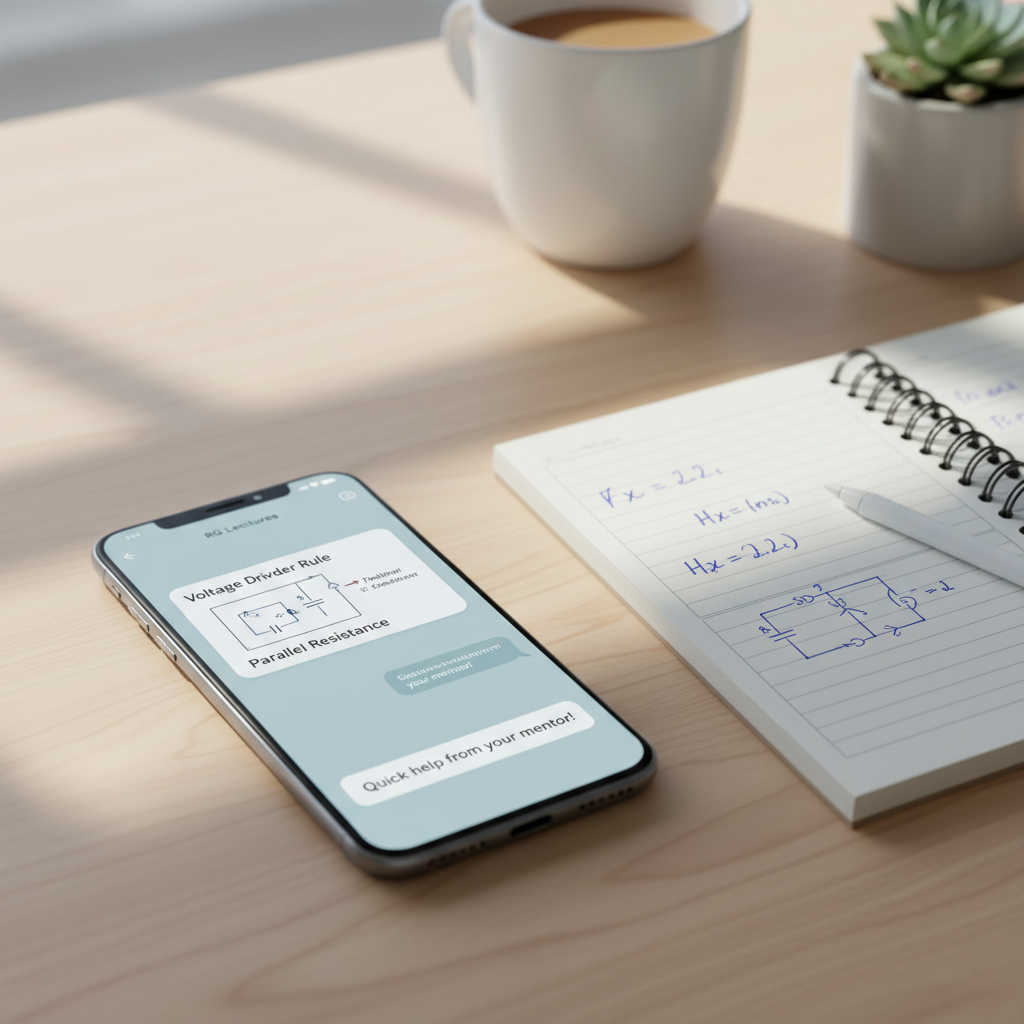 A smartphone displaying an active chat interface with a quick response to a Physics question, next to a notebook.