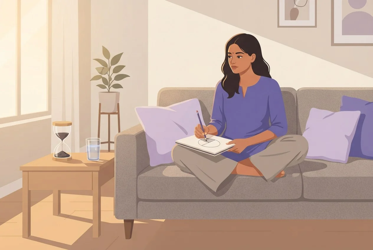 A woman on a sofa shading a circle divided into segments in a notebook, with a sand timer beside her.