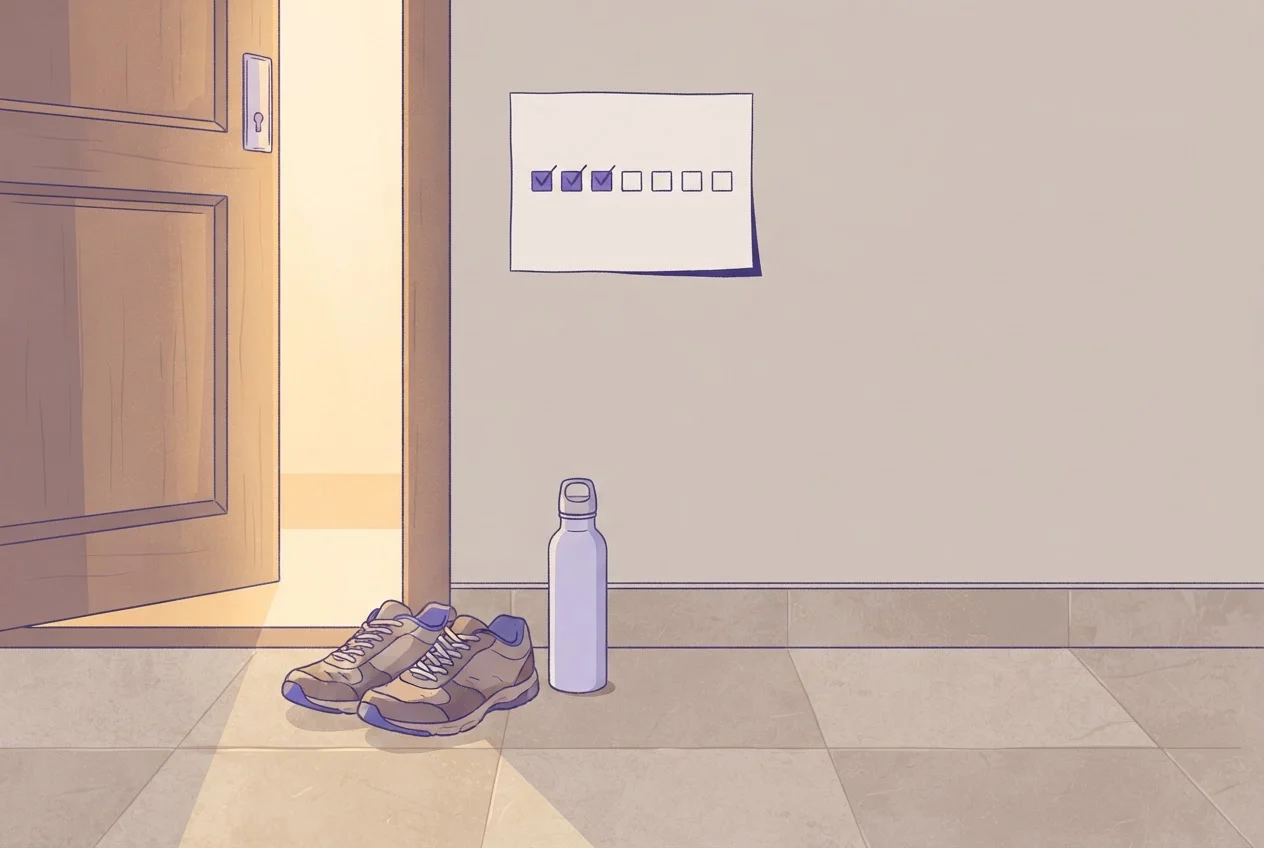 Walking shoes and a water bottle by a front door, with a wall sheet of seven tick boxes, the first few ticked.