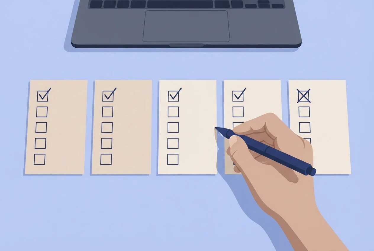 A hand works through a row of five checklist cards, four marked with ticks and one with a cross.