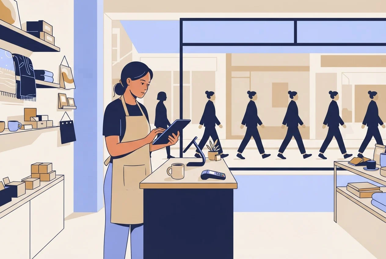 A shop owner looks at a tablet while the same few people walk past the window repeatedly.