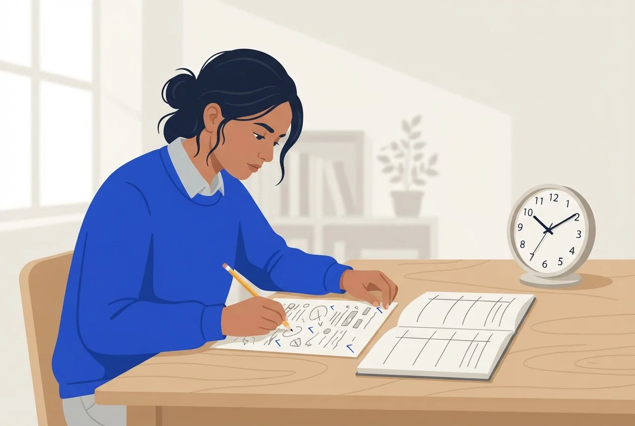 A student scoring a timed mock paper with a pencil beside a clock and an open notebook.