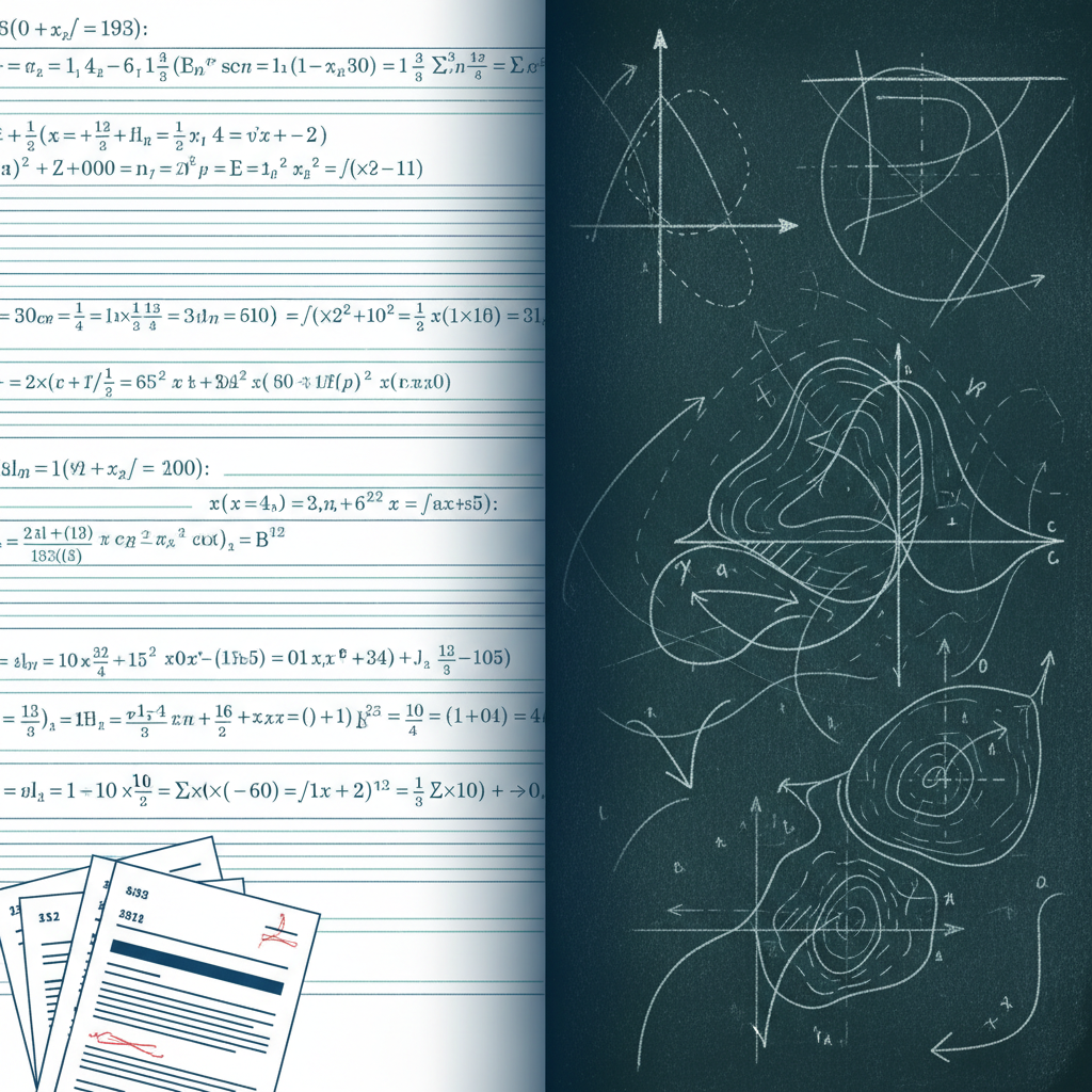 A split-screen illustration showing structured exam formulas transitioning into complex geometric vector spaces on a chalkboard.