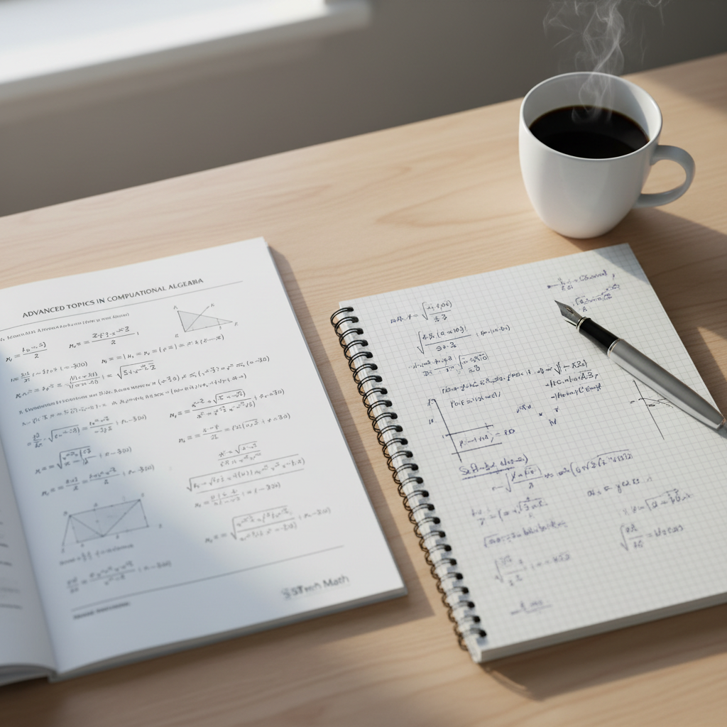 A top-down view of an open academic research paper with mathematical proofs, a notebook, and a pen on a clean desk.