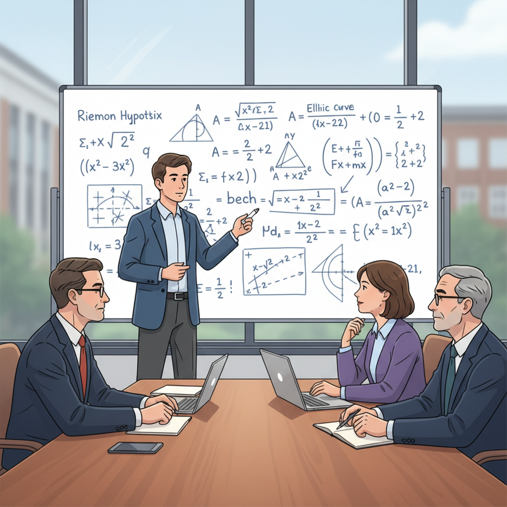 An illustration of a candidate presenting a mathematical proof on a whiteboard to an academic interview panel.