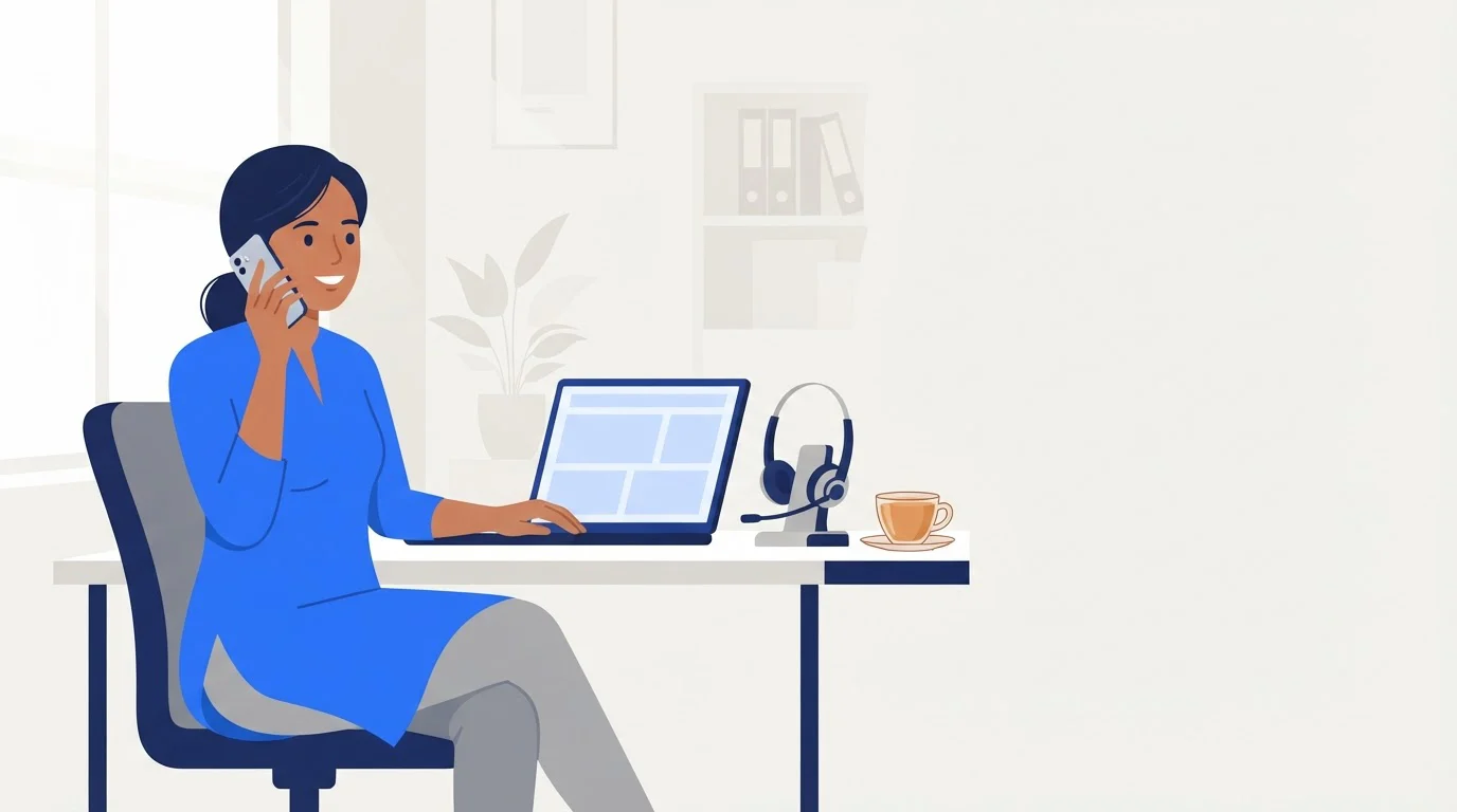 A sales rep in an Indian office makes a phone call at her desk with a laptop open beside her.
