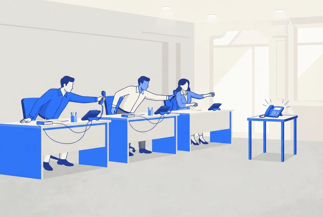 Three sales reps in an office reach for their phones as a shared desk phone rings, while one desk phone sits unused.