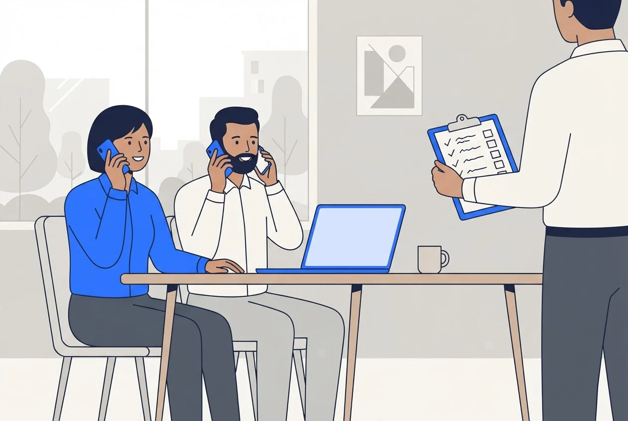 Two sales reps make test calls at a table while a colleague ticks off results on a clipboard.