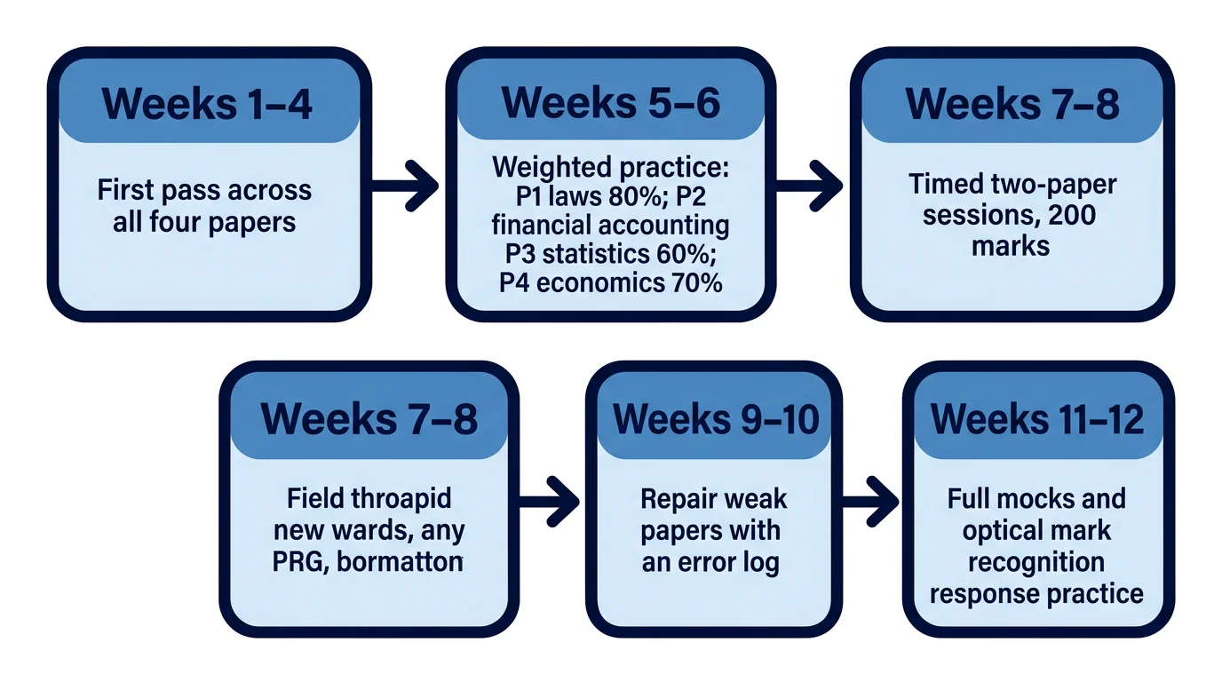 A five-stage timeline showing first-pass syllabus coverage, weighted practice, timed sessions, error repair and final mocks across twelve weeks.