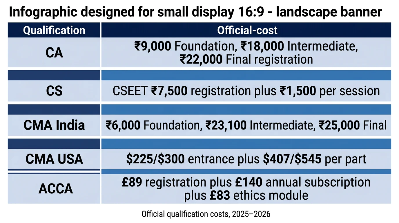 Five-row comparison of official CA, CS, CMA India, CMA USA and ACCA charges that sit outside coaching.