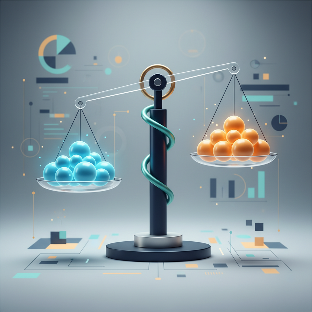 A modern, stylized balance scale weighing glowing spheres, representing balanced resource allocation across programs.