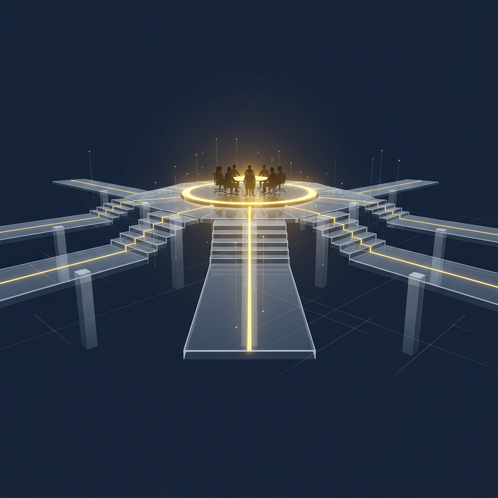 Interconnected elevated pathways leading upward to a central platform, symbolizing corporate governance escalation paths.