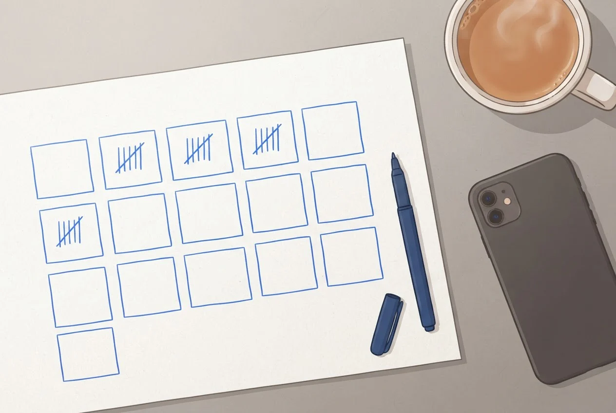A blank two-week grid with tally marks sits on a desk beside a phone and a cup of chai.