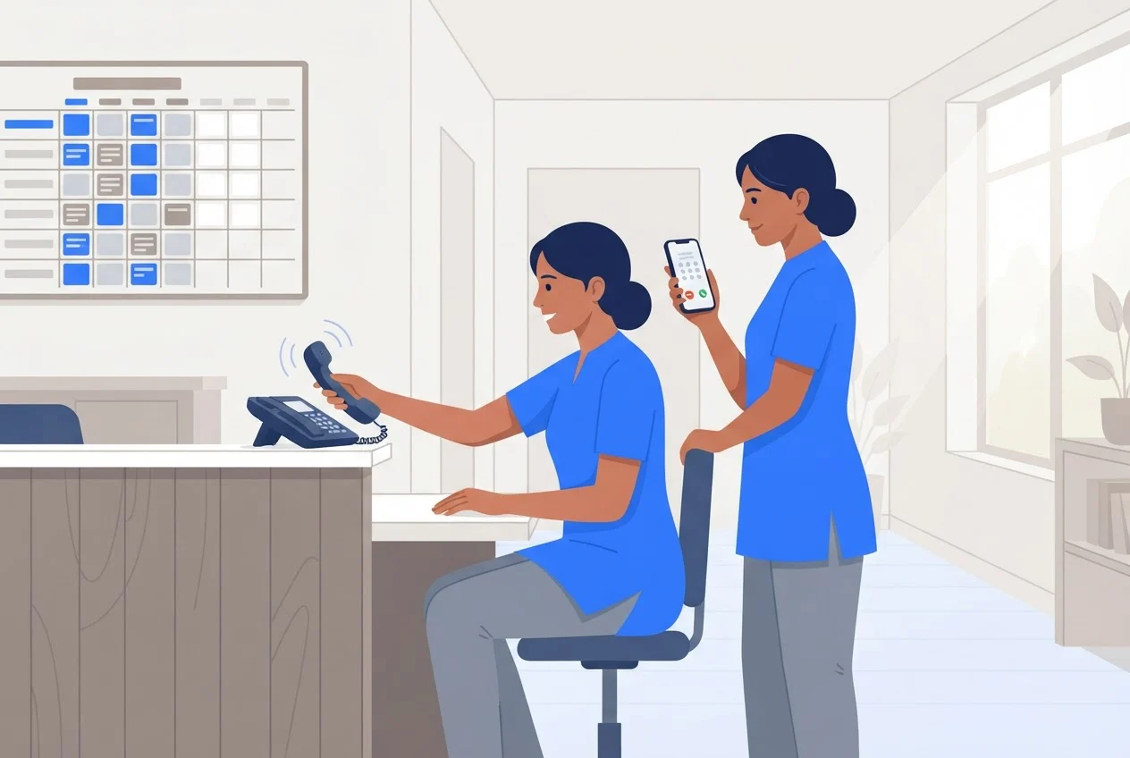Two staff at a front desk, one answering a desk phone and the other returning a missed call on a smartphone.
