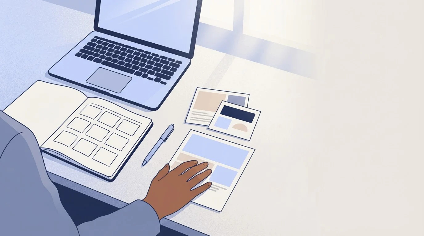 A marketer at a tidy desk sorts printed ad mock-ups into groups beside a notebook with an empty grid.