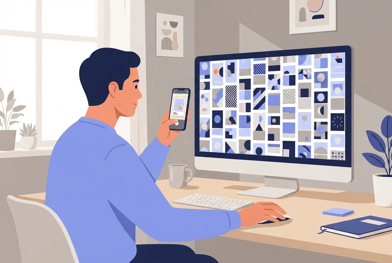 A person browses a grid of ad thumbnails on a monitor while photographing one of them with a phone.