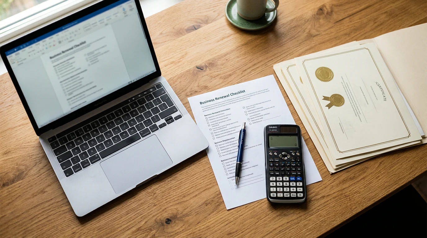 Private investigator renewal checklist beside laptop