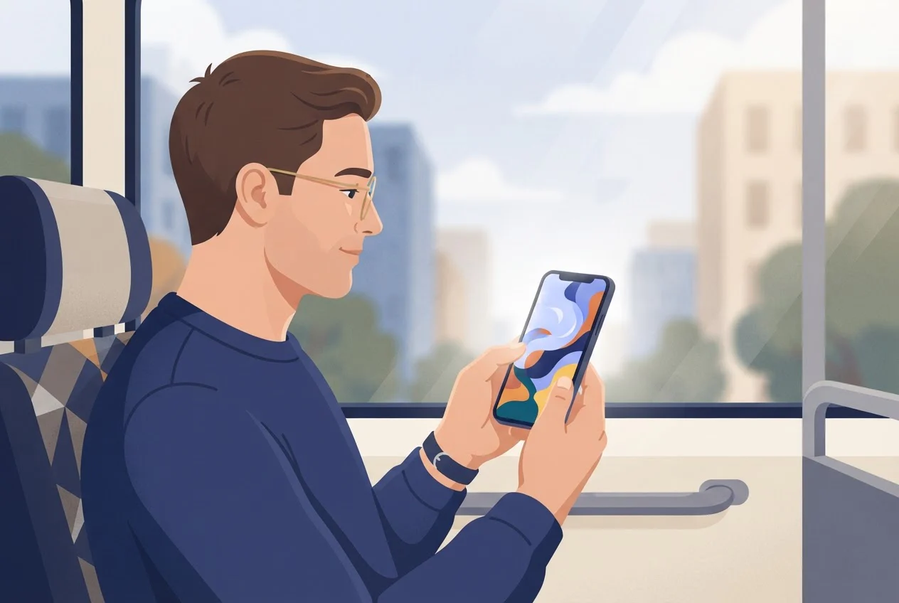 A bus commuter pauses his scrolling thumb over a phone playing a vertical video.