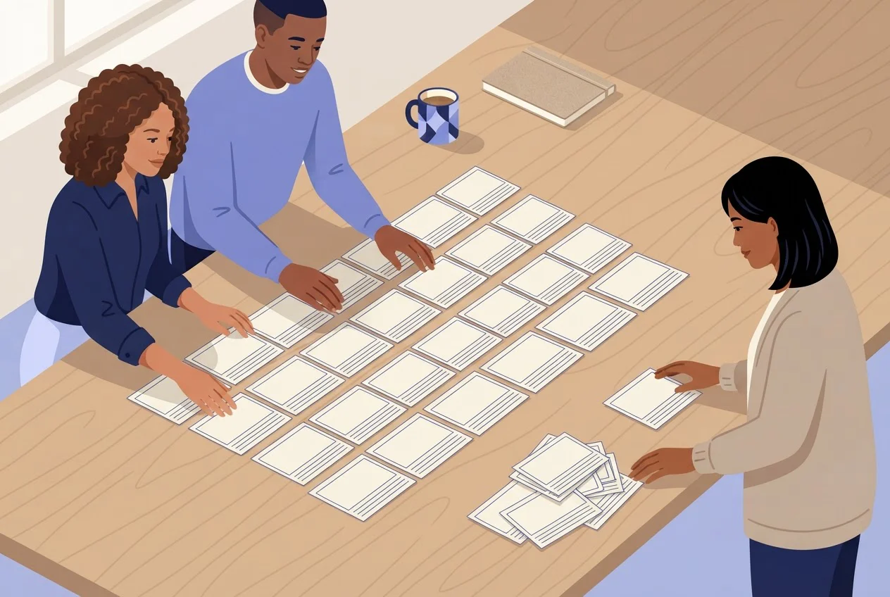 Three colleagues arrange blank storyboard cards into ranked rows on a table, with a few cards set aside.