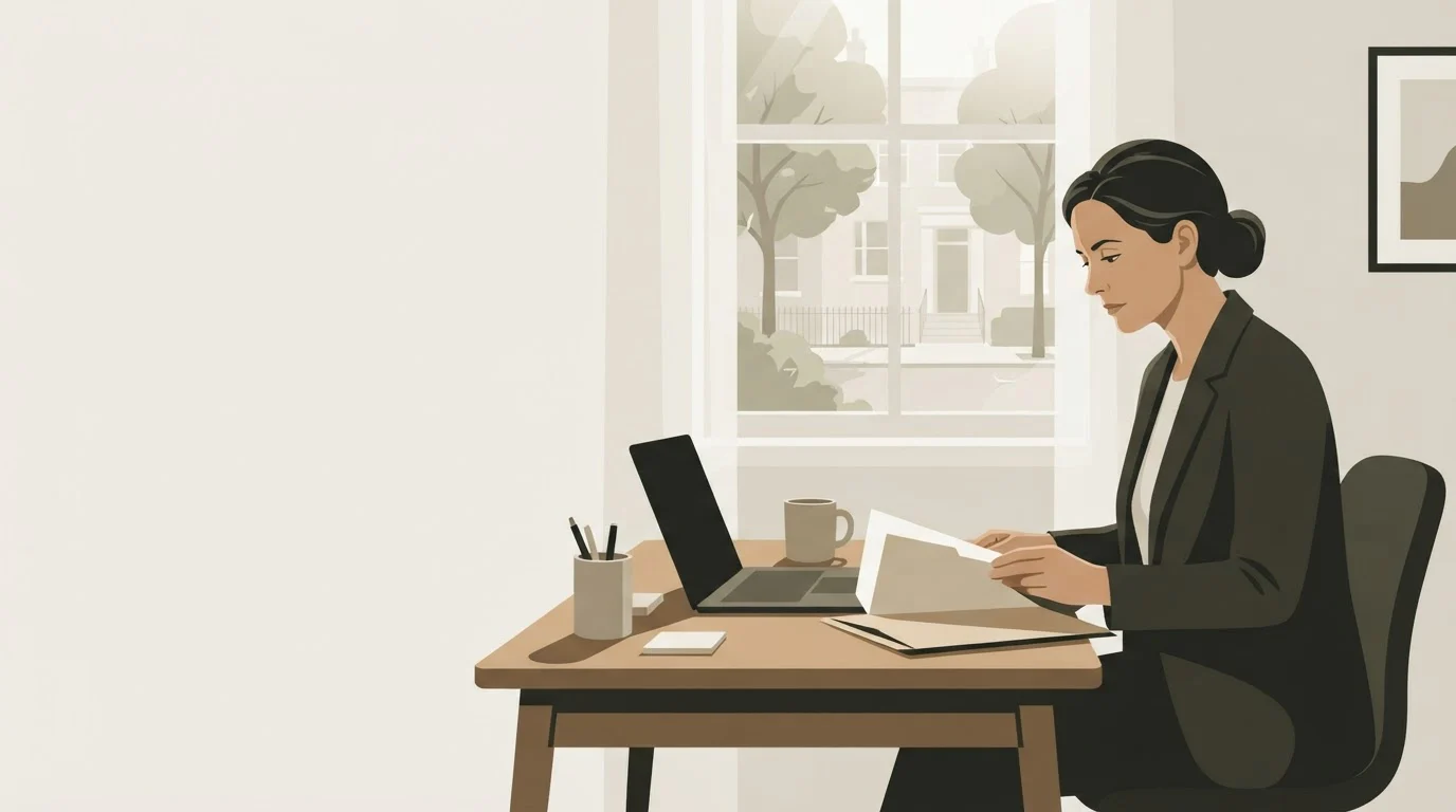 A private investigator reviews a licence application folder at her desk in a small home office.