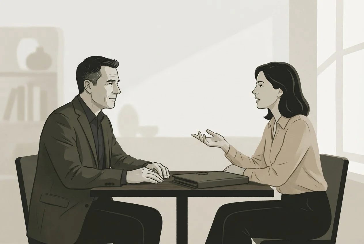 An investigator and an attorney talk across a café table with a closed case folder between them.
