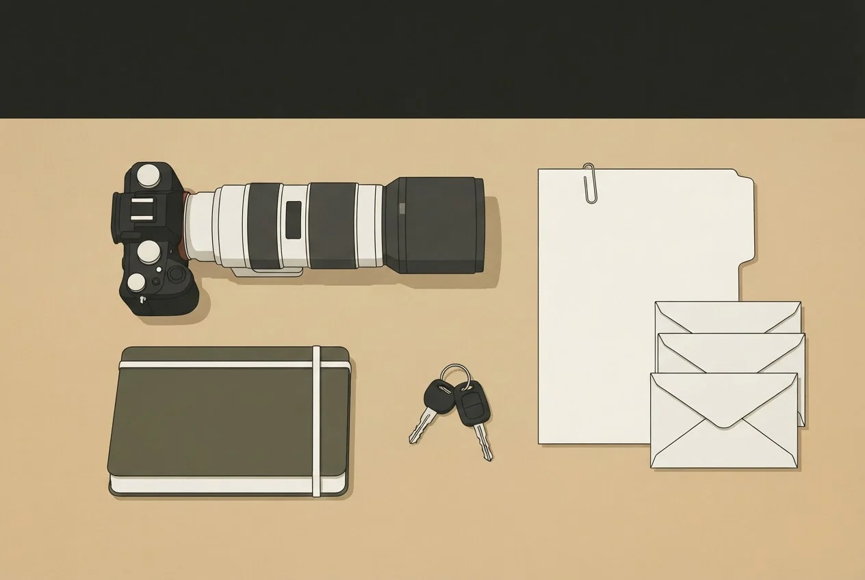 A desk laid out with a camera, notebook, car keys and folders, the basic equipment of a new investigation agency.