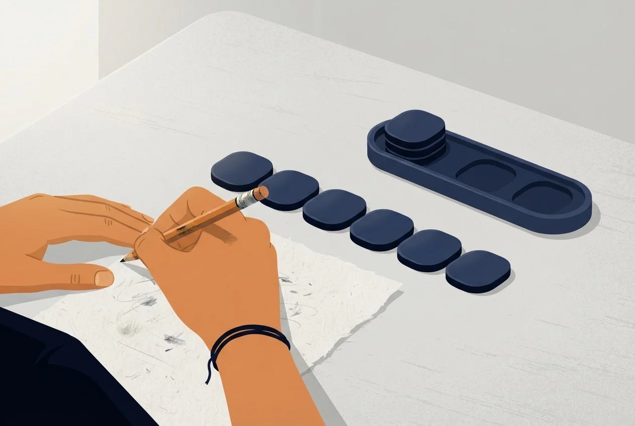 A student's hand holds a pencil over a rough sheet next to a row of blank tokens and a tray of spare ones.
