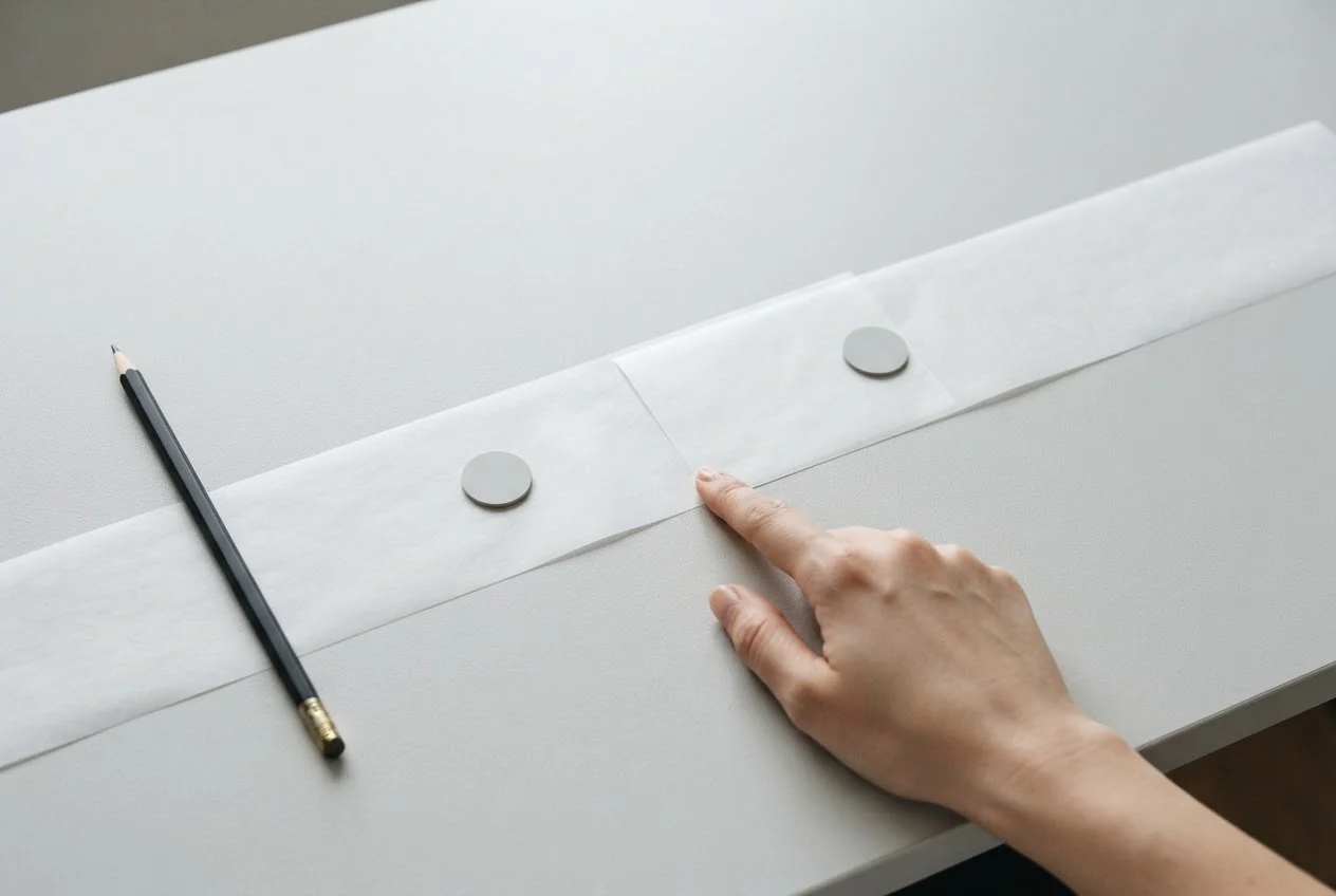 Two translucent paper strips on a desk overlap in the middle, each with a round marker, and a hand points to the overlap.