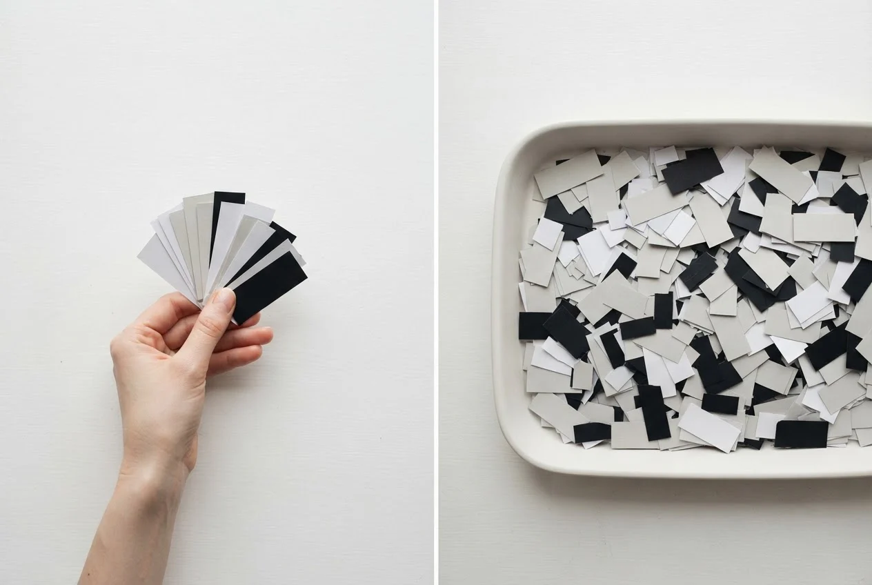 A hand holding a few mixed paper slips beside a tray filled with a large, evenly mixed spread of slips.