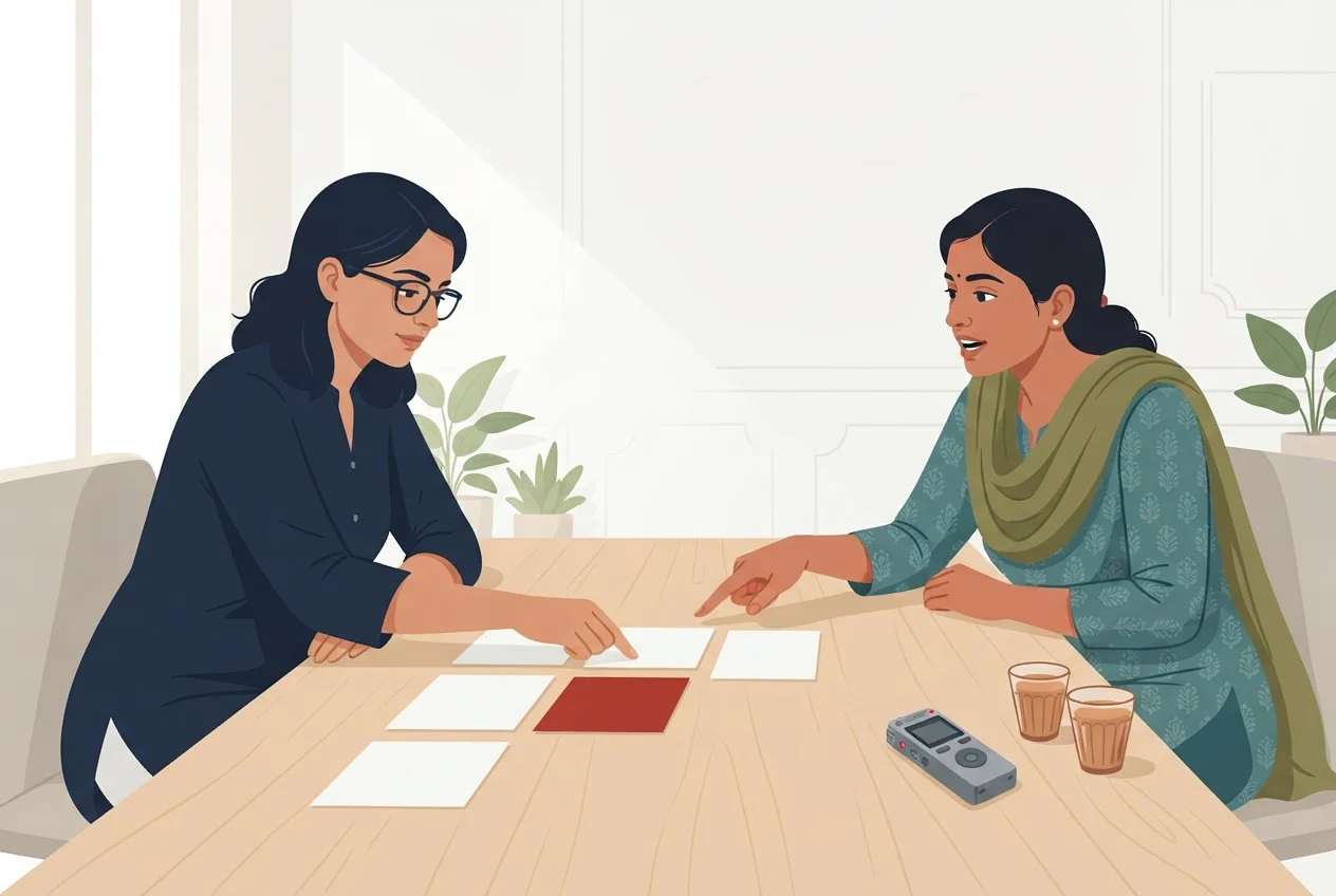 A researcher and a participant arrange five blank cards in a row on a table during an interview.