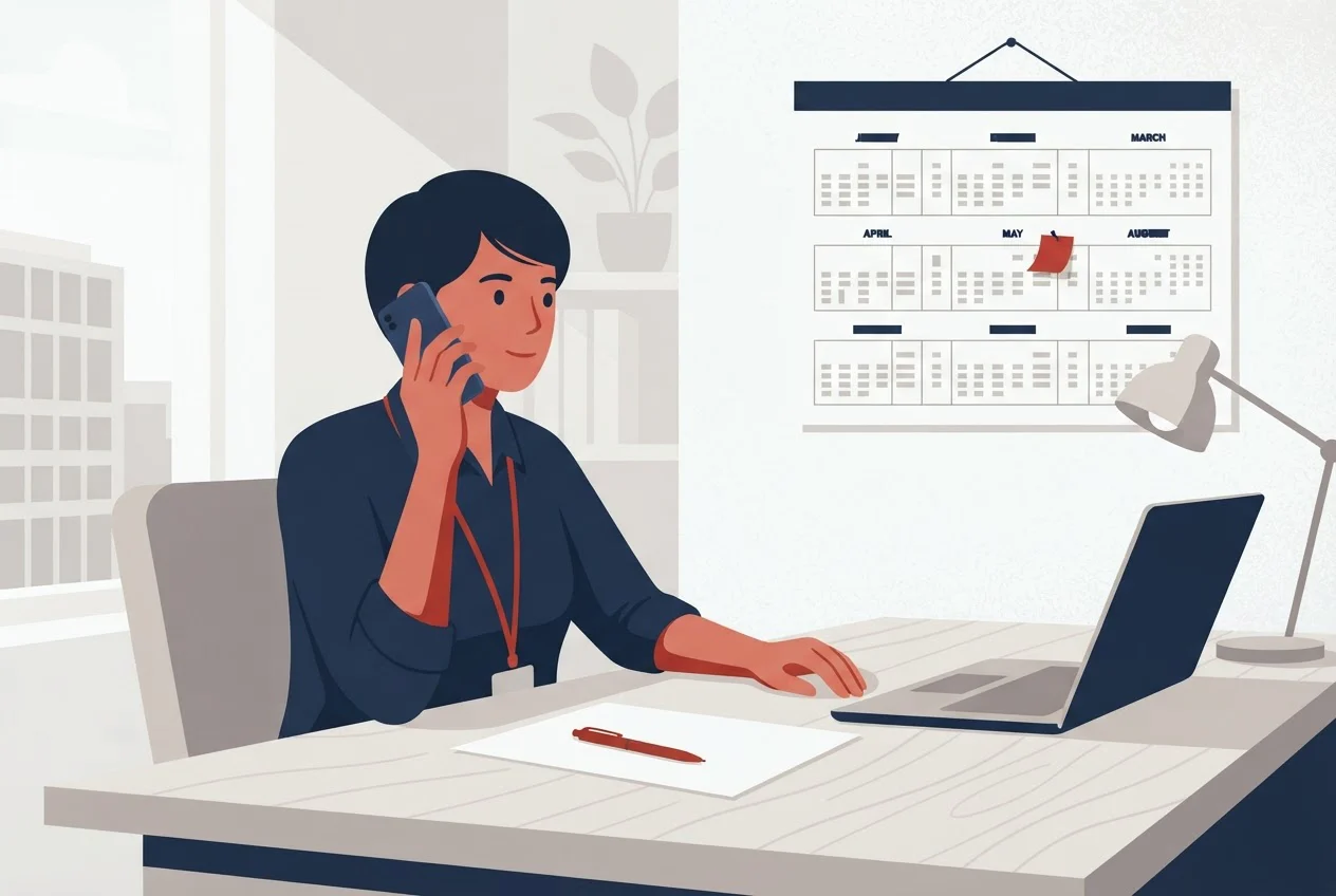 A recruiter on a phone call at a desk beside a wall calendar with one week marked.