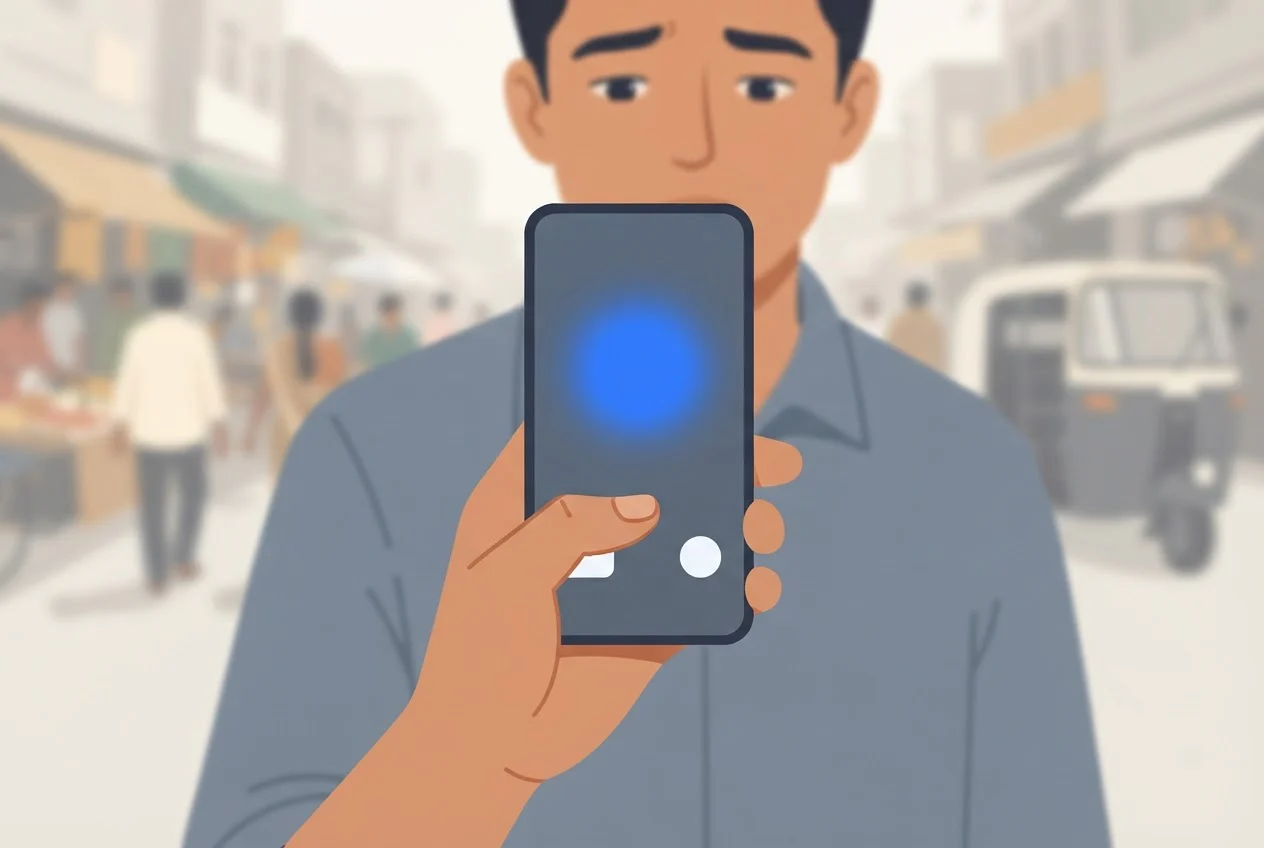 A man hesitates with his thumb over an incoming call on his phone, unsure whether to answer.