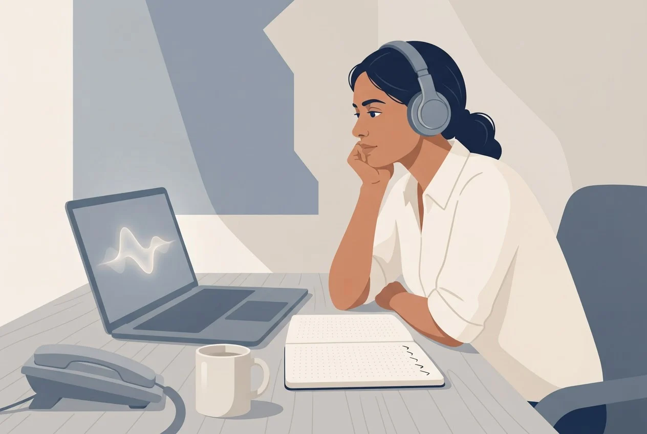 A business owner wearing headphones listens to a recorded call and ticks off a checklist in a notebook.