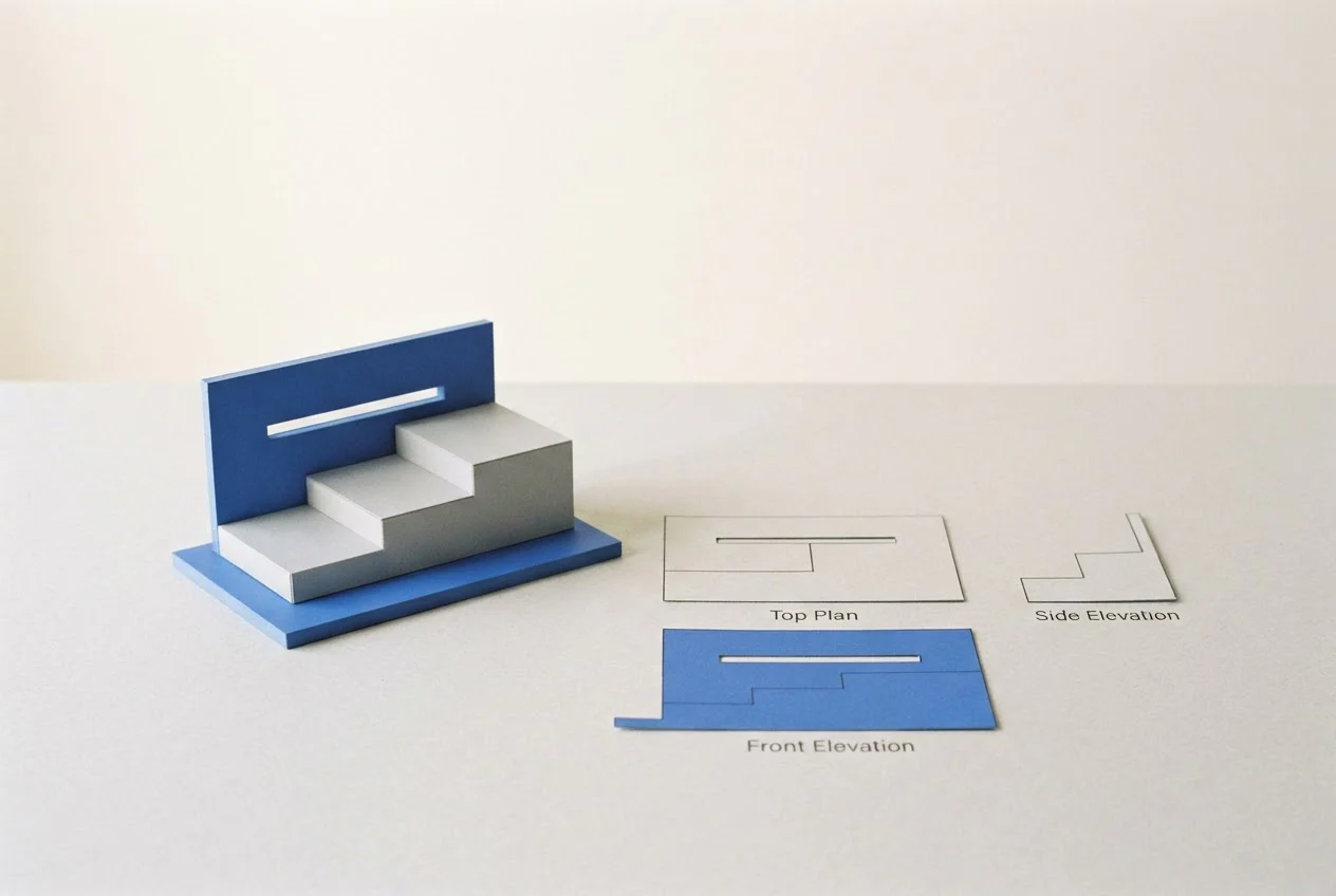 A notched block model on a desk with flat paper cut-outs of its front, top and side outlines arranged around it.
