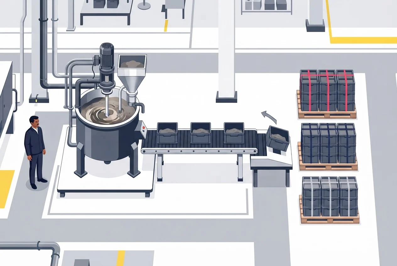 From above, one mixing vessel fills crates that are split across three pallets while a supervisor watches.
