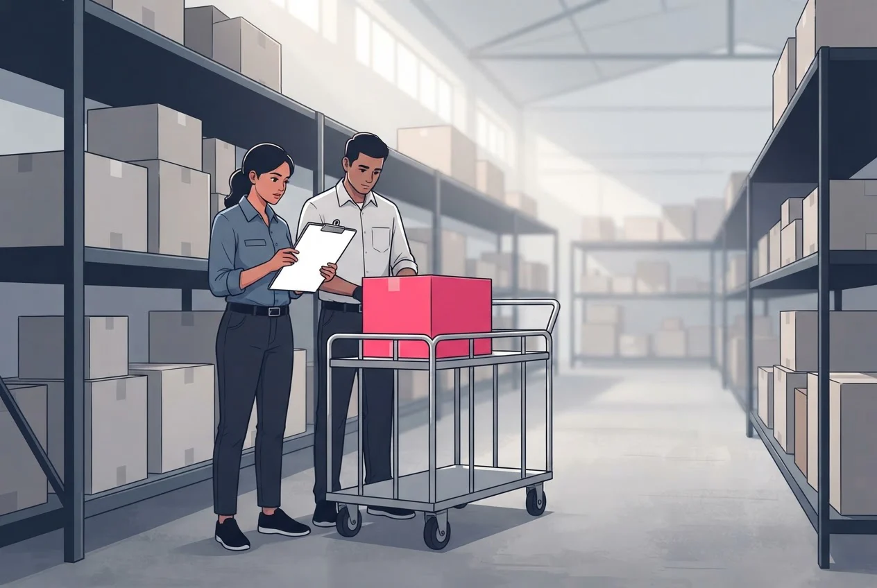 Two warehouse workers pull one carton from a shelving aisle and check it against a clipboard.