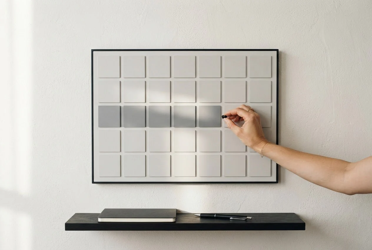 A hand pinning the next empty square on a partly filled wall calendar board, with a notebook and pen on a shelf below.