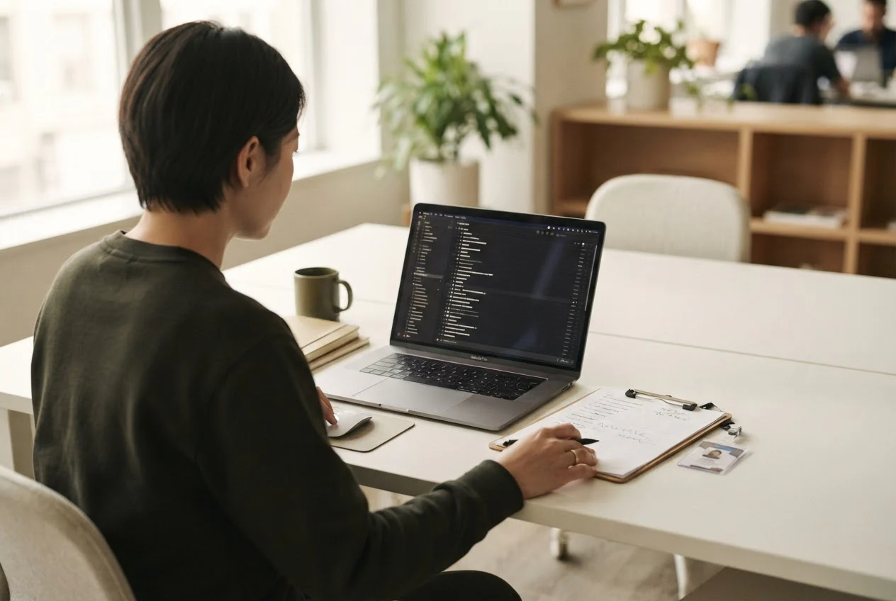 A person at a desk compares a process server's ID badge with a list on a laptop.
