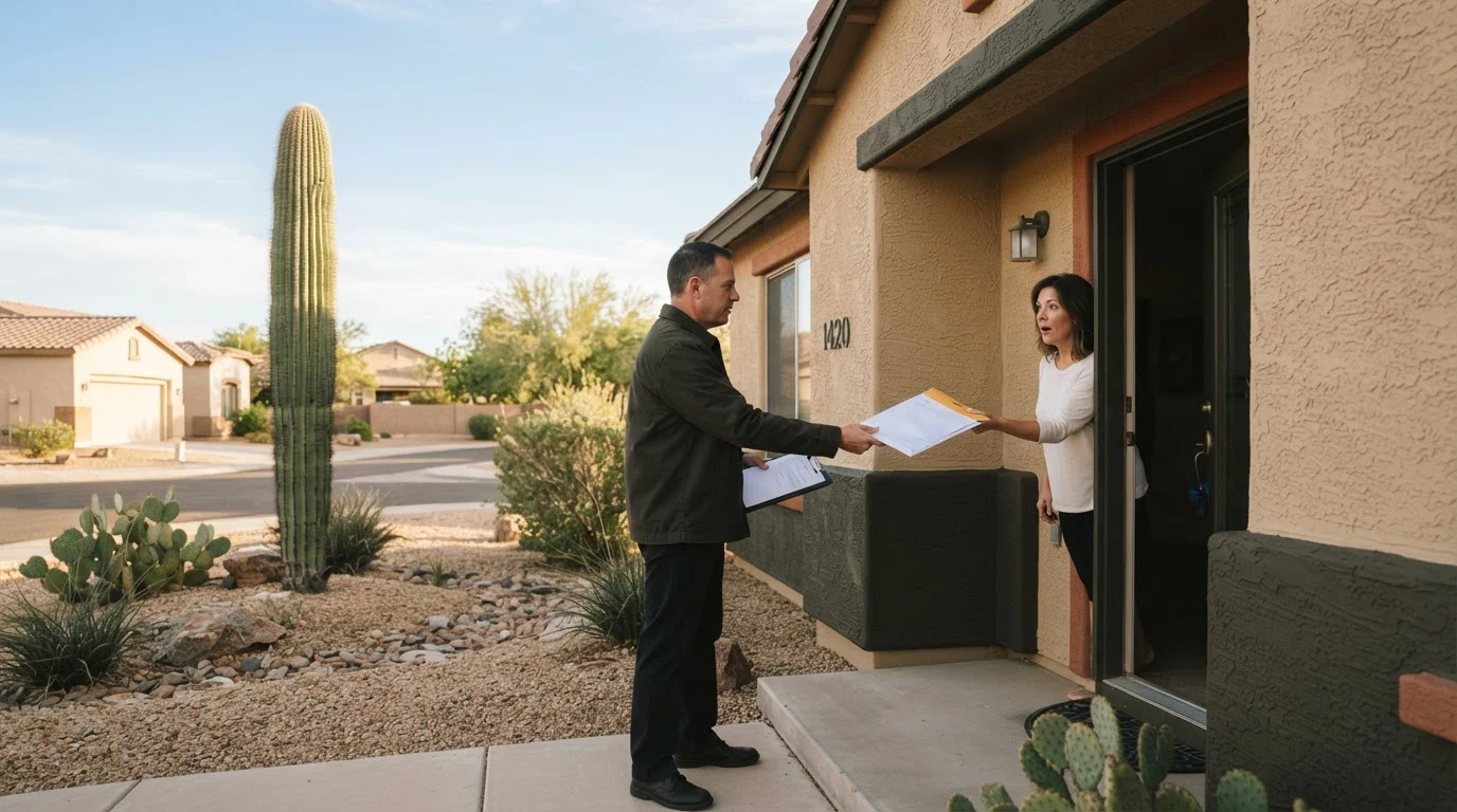 A process server hands an envelope of legal papers to a resident at the front door of an Arizona home.