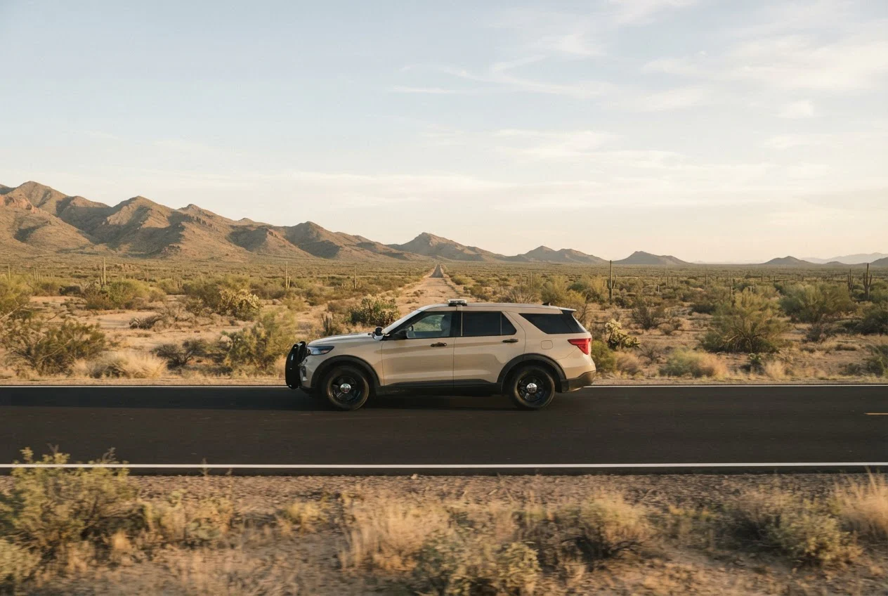 A patrol SUV drives a long desert road toward distant mountains outside Phoenix.